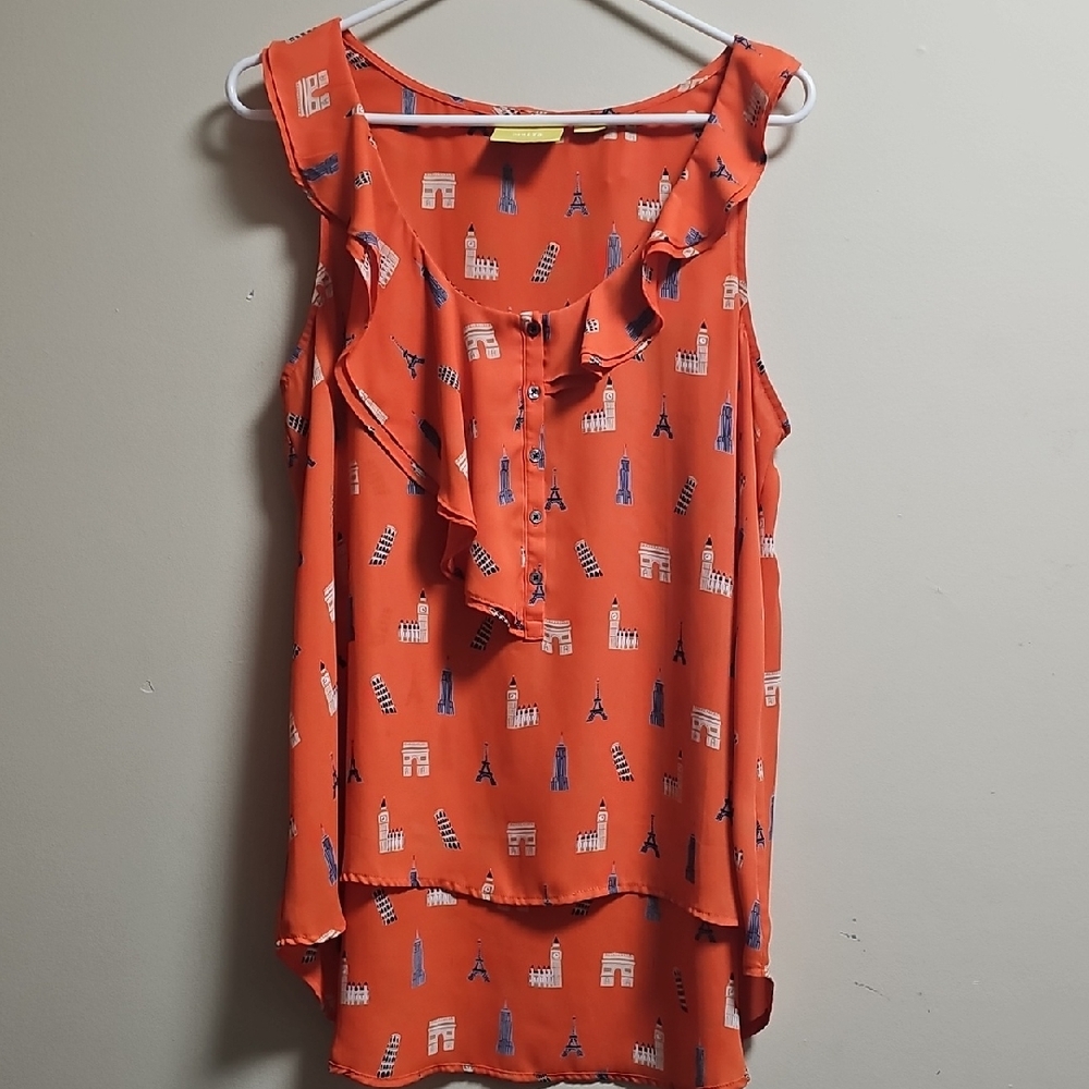 Anthropologie Orange Sleeveless Blouse with Blue and White Print